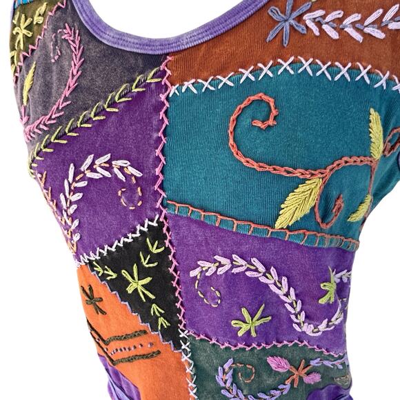 Karma Circle Tank Dress Medium Boho Patchwork Embroidery Hippie Festival Stretch - Picture 7 of 14